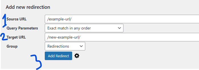 Redirection plugin 'Add new redirection' form with Source URL, Target URL and Add Redirect marked as steps 1, 2 and 3