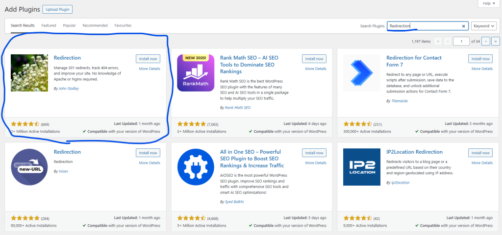 WordPress Add Plugins search for 'Redirection' with the Redirection plugin by John Godley circled in blue