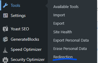 WordPress Tools menu with the Redirection option underlined in blue