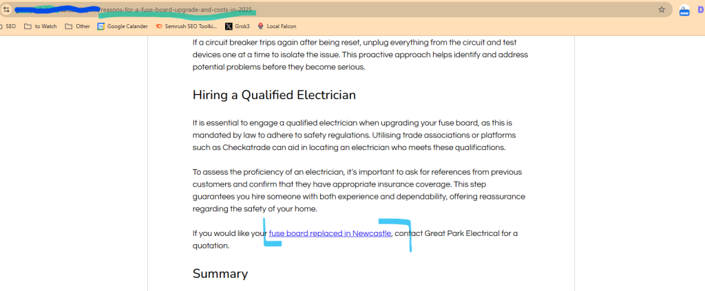 Electrician blog post with the phrase fuse board replaced in Newcastle highlighted as a contextual internal link