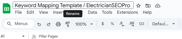 Google Sheets title box reading 'Keyword Mapping Template / ElectricianSEOPro' with the Rename tooltip showing