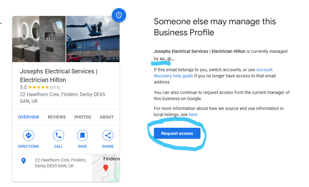 Google 'Someone else may manage this Business Profile' page with the Request access button circled