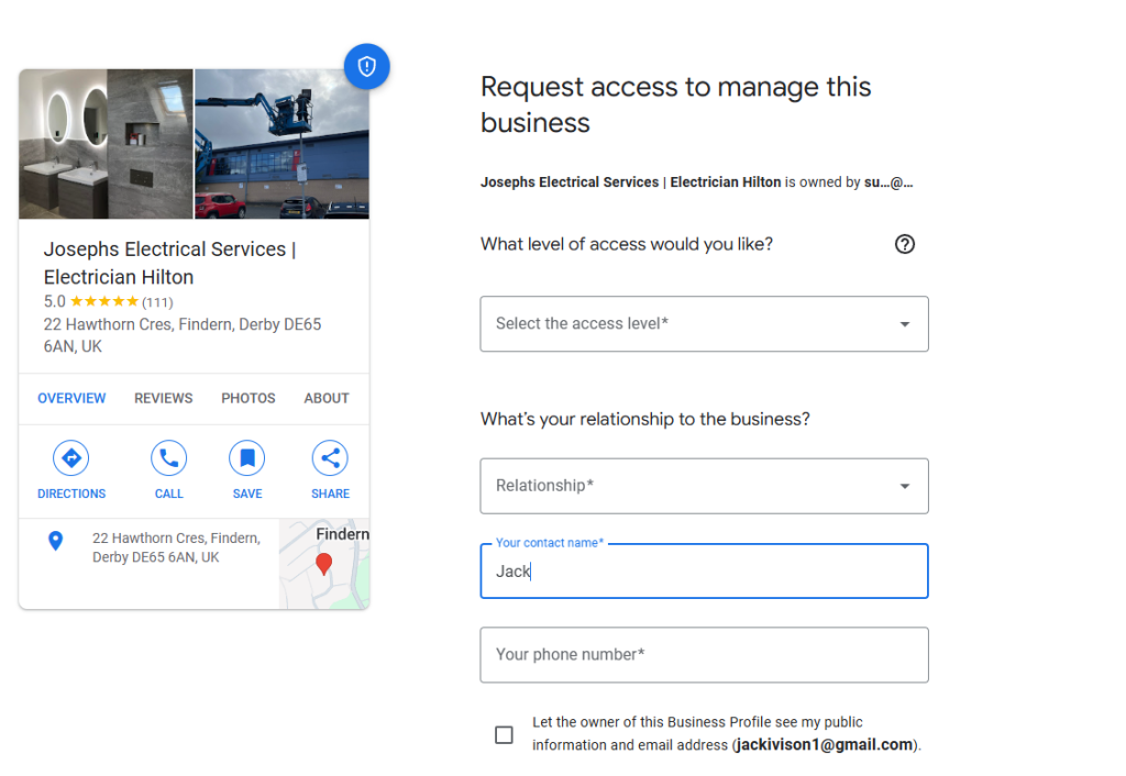 Google form to request access to manage a Business Profile, with access level, relationship and contact fields