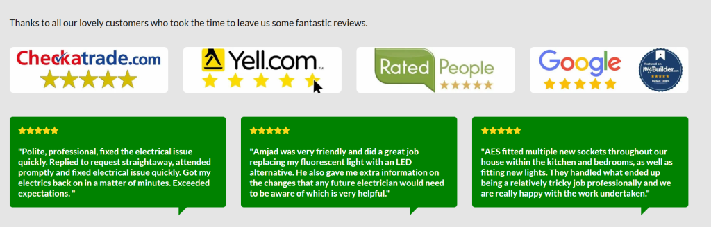 Reviews section on an electrician's website showing Checkatrade, Yell, Rated People, Google and MyBuilder ratings above three five-star customer quotes