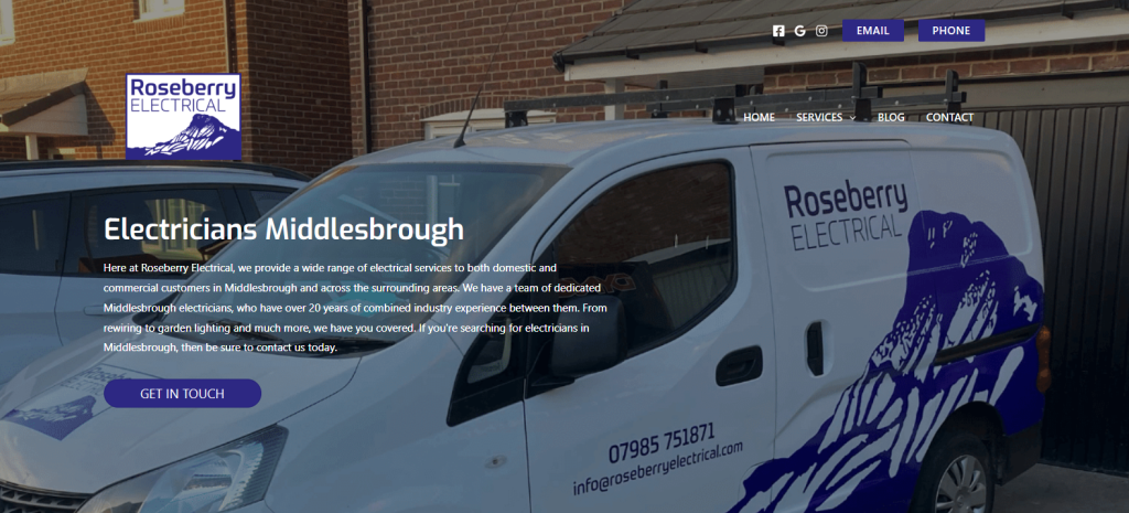 Roseberry Electrical homepage for Middlesbrough electricians, with a branded van and a Get in touch button