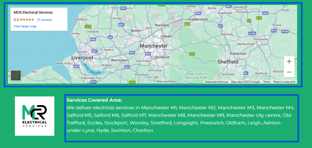 Google map for MCR Electrical Services above a Services Covered Area list naming Manchester postcodes, Salford, Stockport, Oldham and other towns