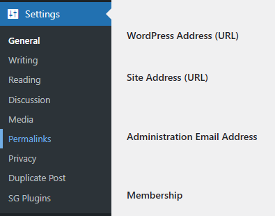 WordPress admin Settings menu expanded with the Permalinks option highlighted