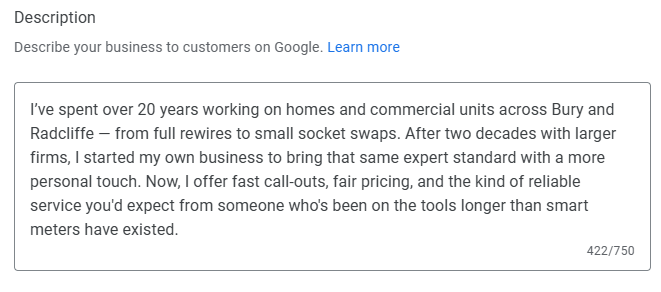 Google Business Profile description showing 20 years of experience on homes and commercial units in Bury and Radcliffe