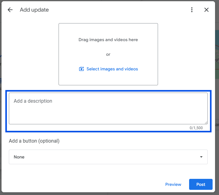 Add update post window with the description box highlighted for writing a short, snappy post