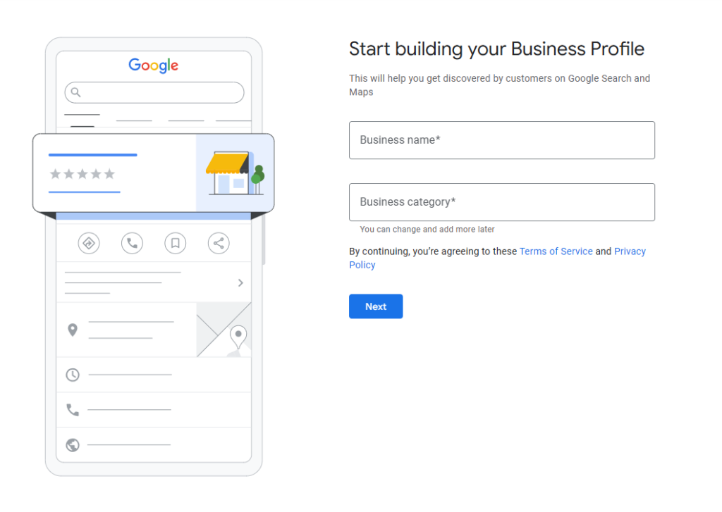 Google Business Profile setup screen asking for a business name and business category