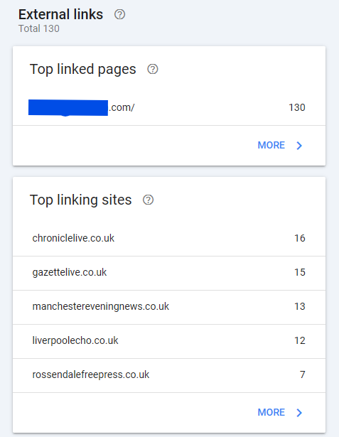 Search Console external links report listing top linked pages and top linking sites