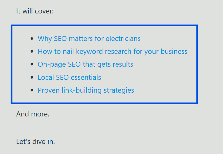 Introduction on a pillar page listing five topics the page will cover, each as a link