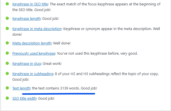 SEO plugin checklist showing the text length of one article as 3139 words
