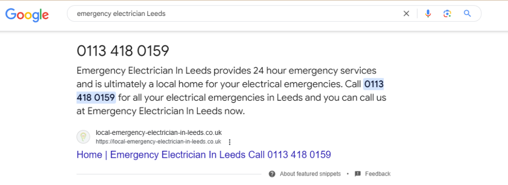 Google featured snippet for 'emergency electrician Leeds' showing a company phone number at the top of the results