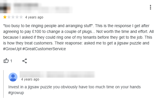 One-star Google review of an electrical business, names blurred, with a sarcastic owner reply telling the customer to buy a jigsaw puzzle