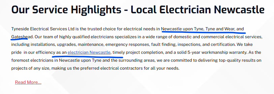 Service highlights section of a Newcastle electrician's page with Newcastle upon Tyne, Tyne and Wear and Gateshead underlined, and a link on the words electrician Newcastle
