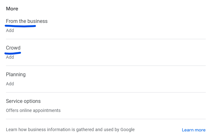 More section of the Business information screen with From the business and Crowd attributes underlined