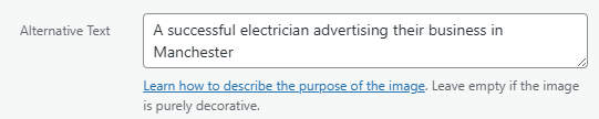 WordPress Alternative Text box completed with a clear sentence about an electrician advertising their business in Manchester