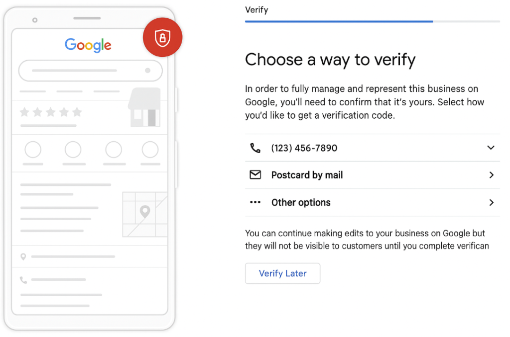 Google Choose a way to verify screen offering phone, postcard by mail or other options