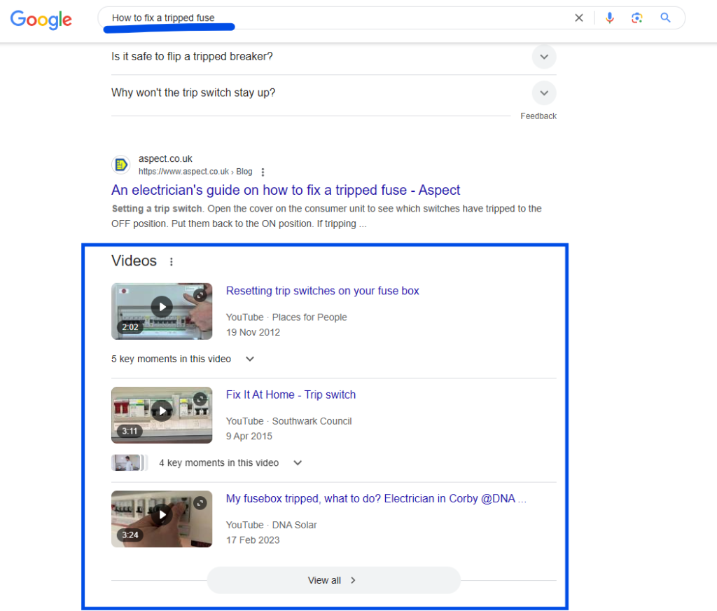 Google results for 'How to fix a tripped fuse' with the Videos section of YouTube results outlined in blue