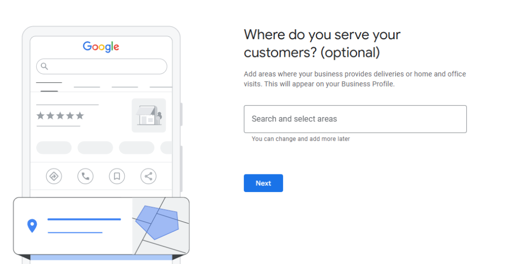 Google Business Profile step asking where you serve your customers, with a search box to select service areas