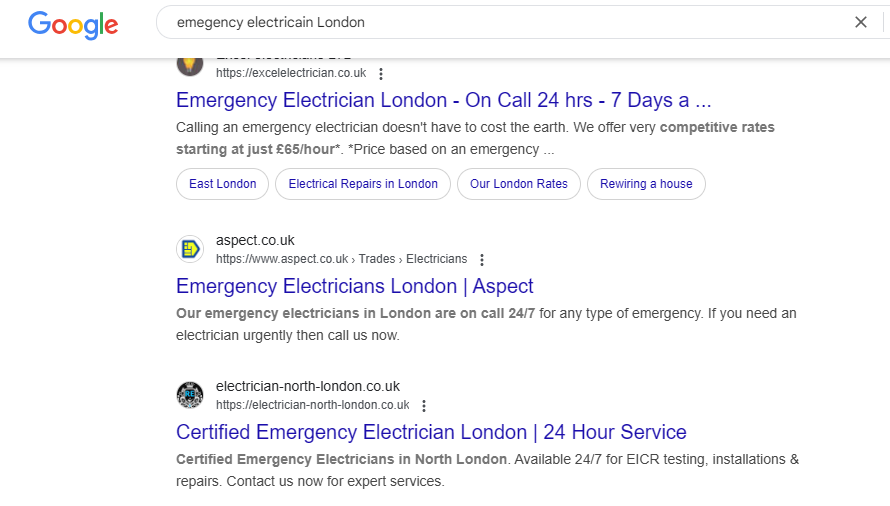 Google search results for an emergency electrician in London showing organic listings from local electrician sites