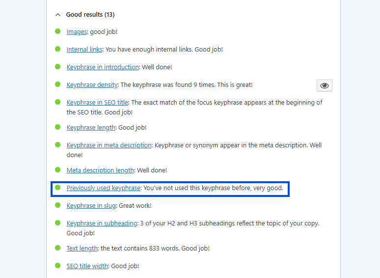 Yoast SEO analysis with the Previously used keyphrase check highlighted, saying the keyphrase has not been used before