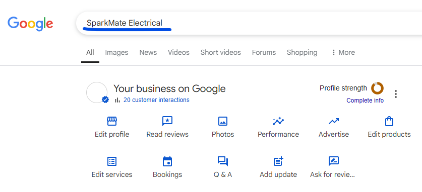 Google search for an electrical business showing the Your business on Google panel with its Performance option