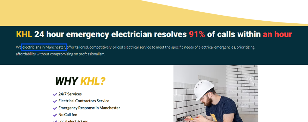 Page intro for KHL, a 24 hour emergency electrician, with 'electricians in Manchester' boxed in the first 100 words