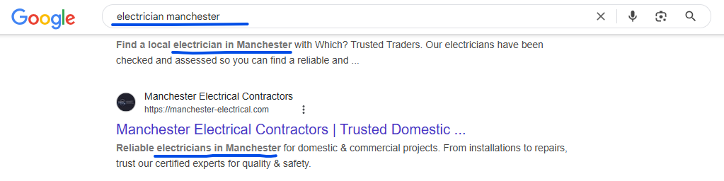 Google search results for electrician manchester with the keyword underlined in two meta descriptions