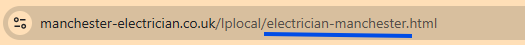 Browser address bar showing a URL ending electrician-manchester.html with the keyword underlined