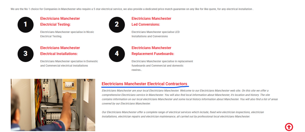 Electrician web page where the subheading 'Electricians Manchester Electrical Contractors' is underlined