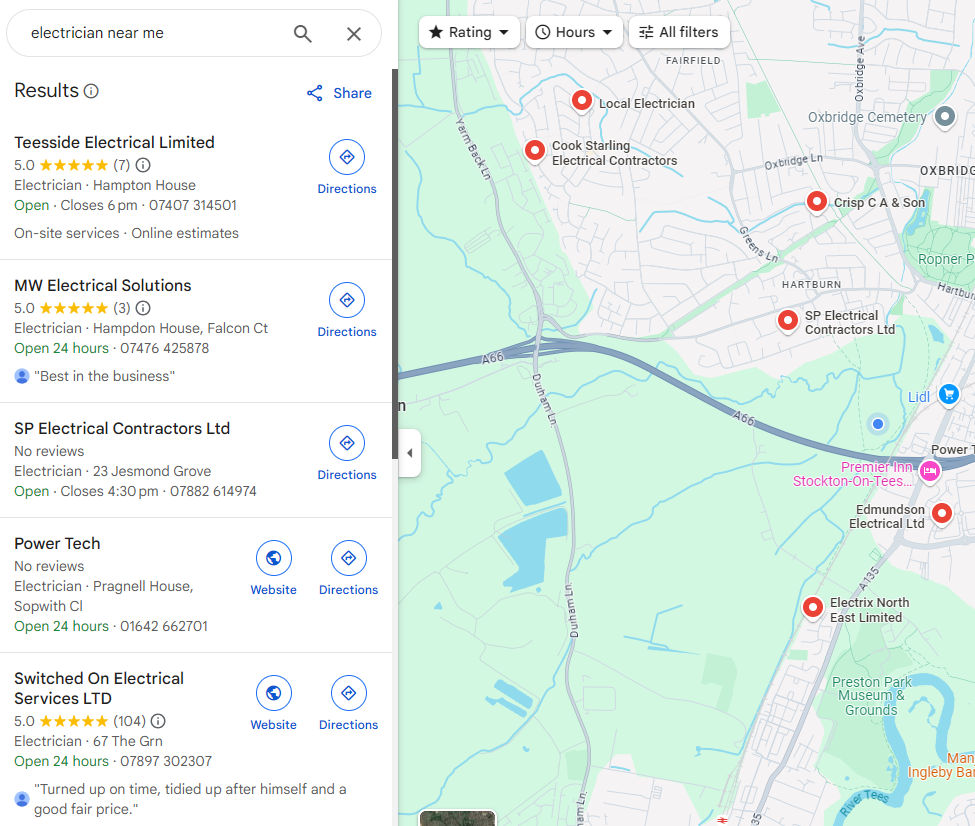 Google Maps results for electrician near me, listing local electricians with ratings beside a map