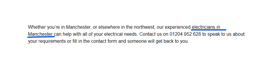 Closing paragraph of a web page with 'electricians in Manchester' underlined beside a call to get in touch