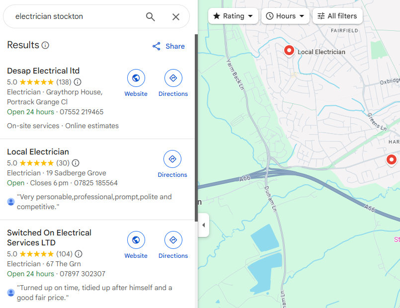 Google Maps results for electrician stockton, listing local electrician businesses with ratings and reviews