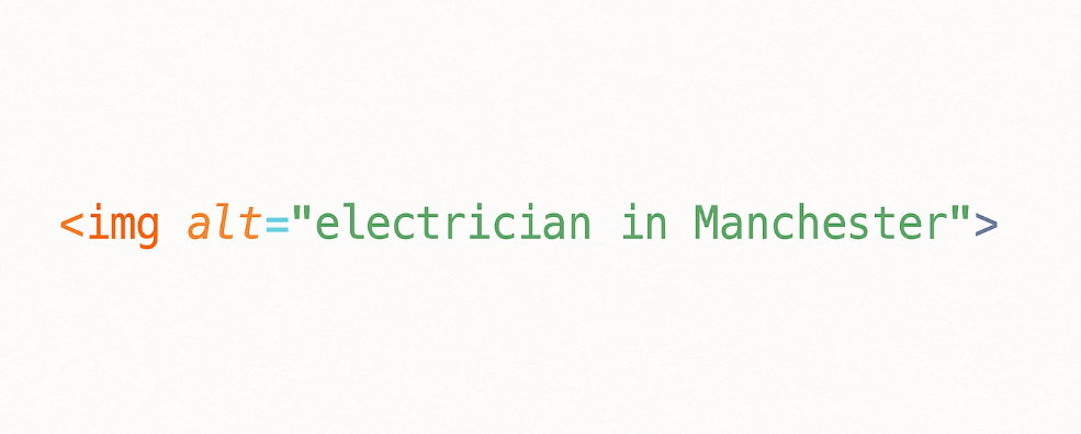 Code snippet of an img tag with the alt text set to 'electrician in Manchester'