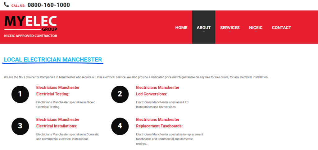 MYELEC Group web page with the H1 'Local Electrician Manchester' underlined above a list of services