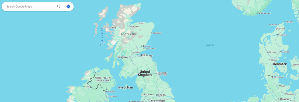 Google Maps view of the UK with an empty search box, the starting point for checking local rankings