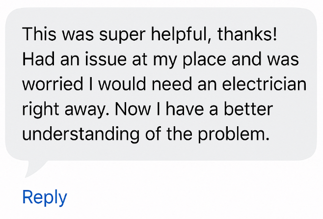 Reader comment thanking the author for a helpful post that explained a household electrical problem