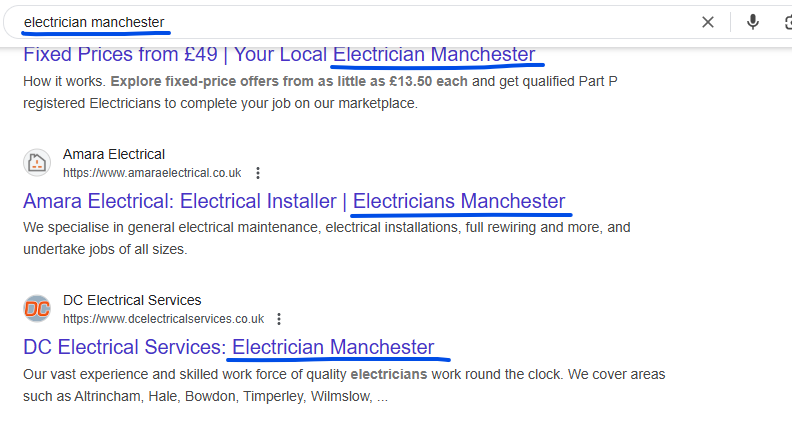Google search results for electrician manchester with the keyword underlined in the title tags of three listings
