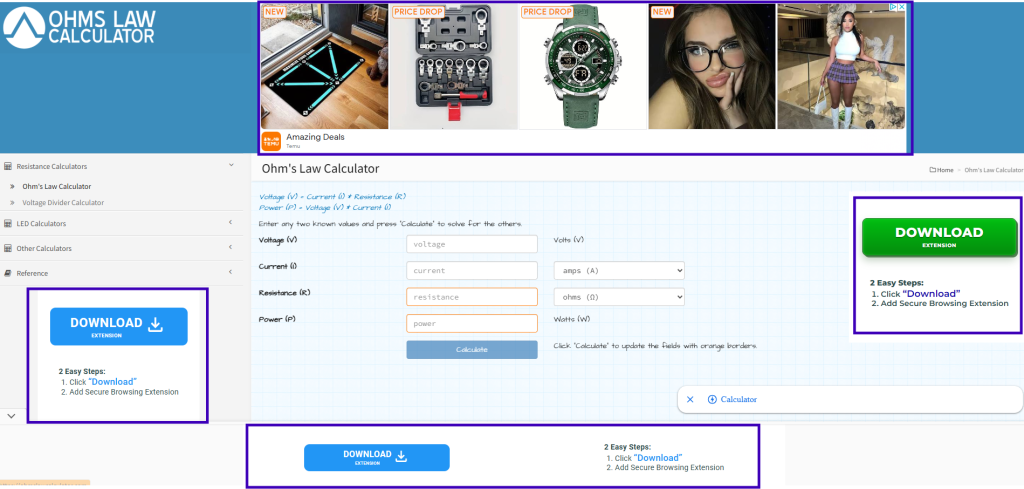 Ohm's law calculator website with Google display banner ads and download buttons outlined in purple