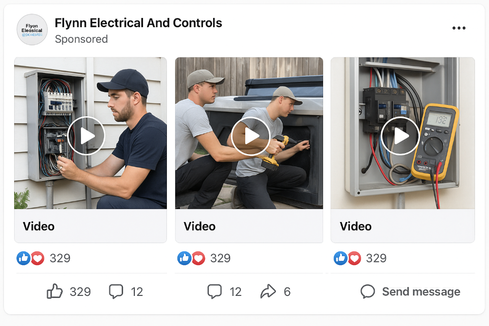 Facebook carousel ad from Flynn Electrical And Controls with three swipeable video cards of electrical work