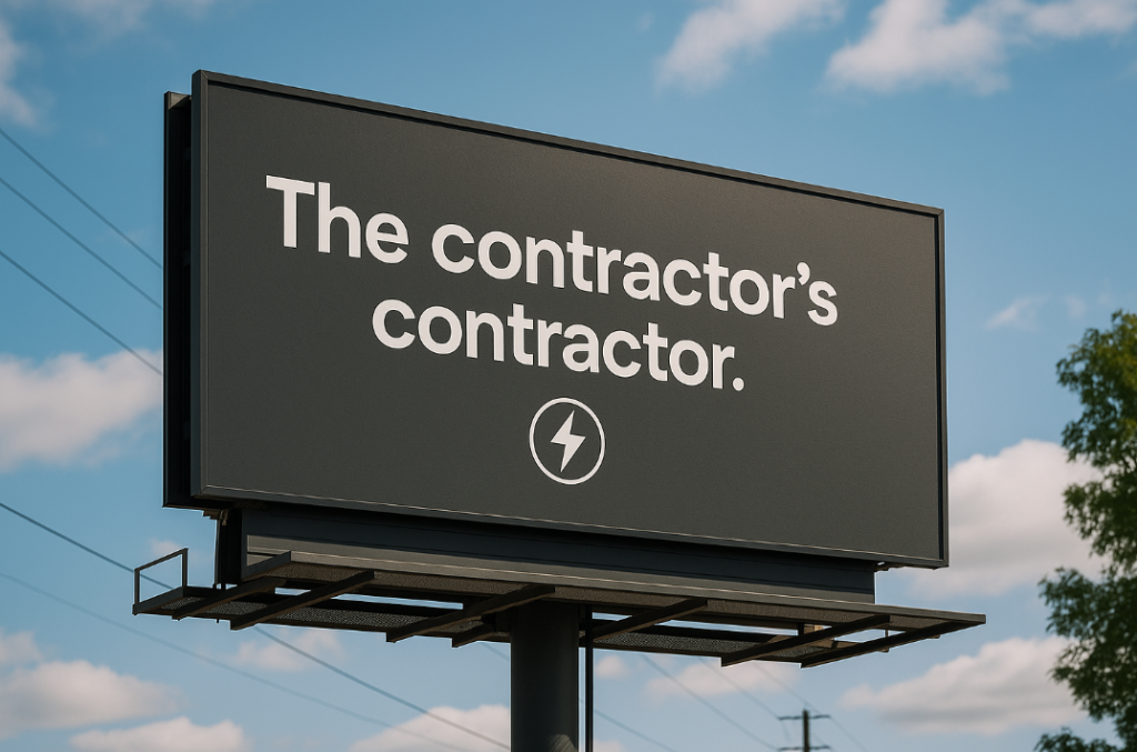 Billboard against a blue sky reading 'The contractor's contractor' with a lightning bolt icon