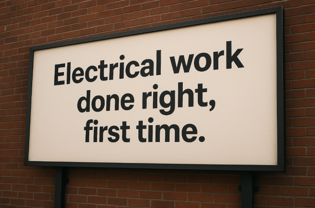 Billboard on a brick wall reading 'Electrical work done right, first time'