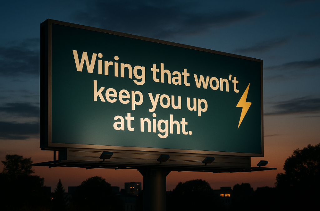 Dusk billboard with a lightning bolt reading 'Wiring that won't keep you up at night'