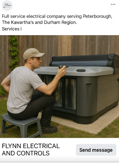 Facebook ad example for Flynn Electrical and Controls, a local electrical company, showing a man working on a hot tub