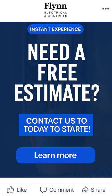 Facebook Instant Experience ad for Flynn Electrical and Controls reading 'Need a free estimate?' with a Learn more button