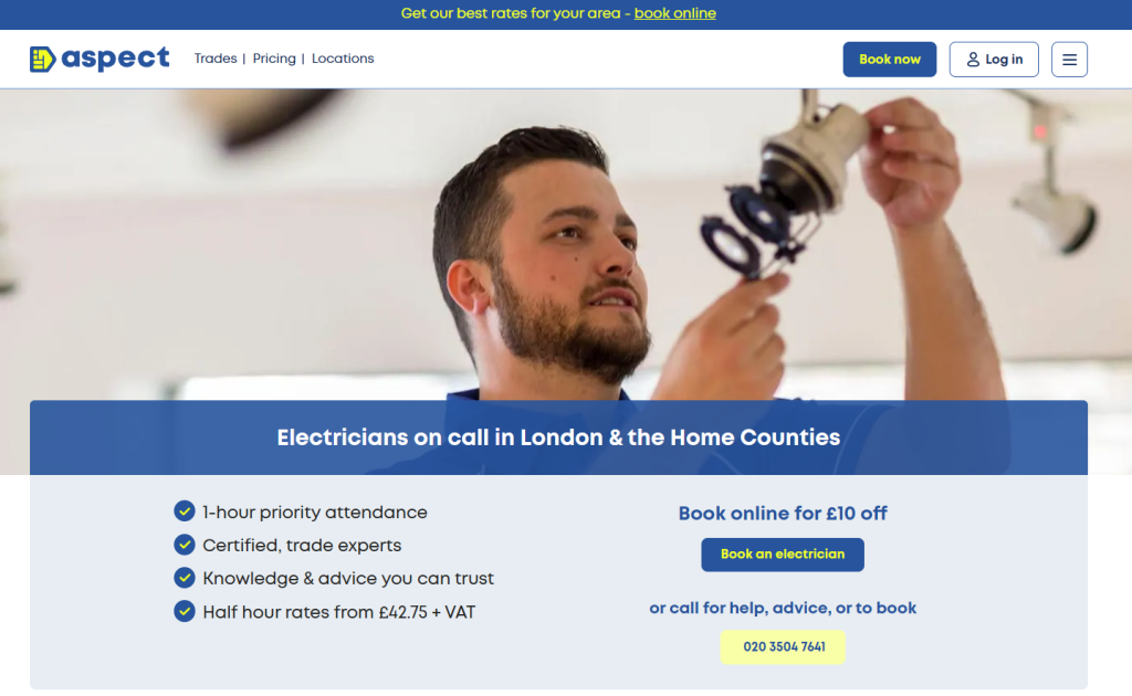 Aspect landing page for London electricians with a clear headline, benefits checklist, Book now button and phone number