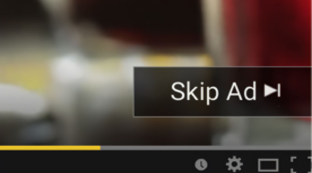 Skip Ad button on a YouTube video ad, the point where viewers can skip an instream ad
