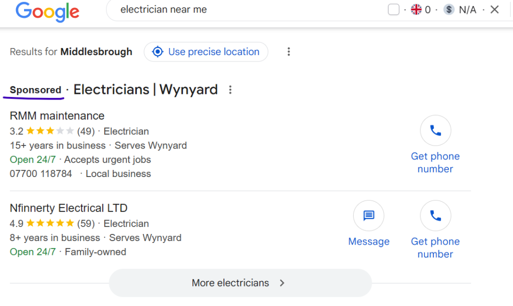 Google Local Services Ads for 'electrician near me' with the Sponsored label underlined above two electrician listings